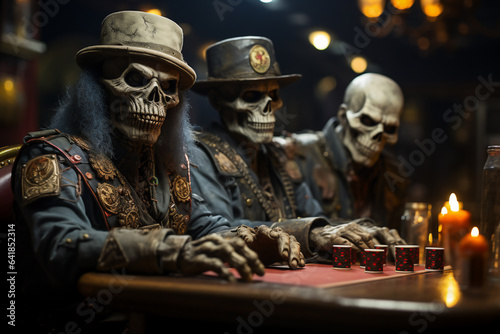 Skulls playing cards in a dark room. Halloween concept