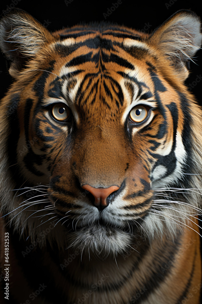 Fototapeta premium closeup of a tiger on black background, portrait photo.Generative AI