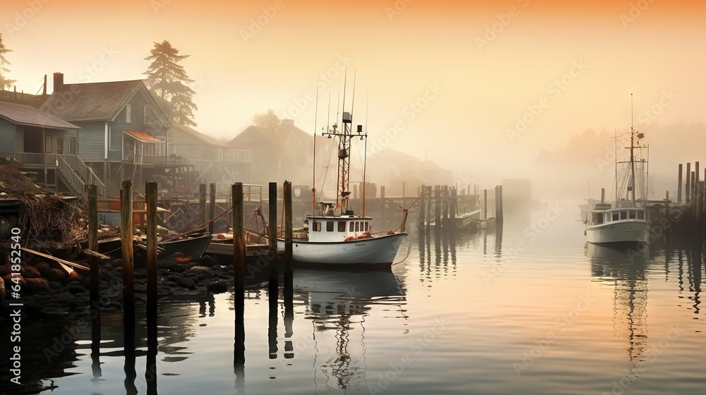  a boat is docked in a harbor on a foggy day.  generative ai
