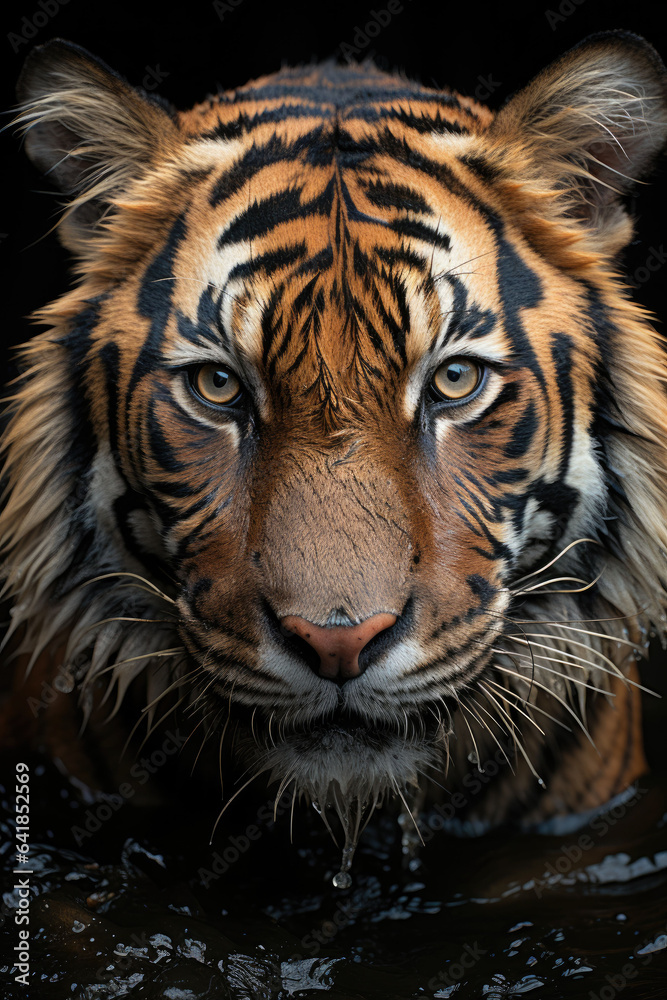 closeup of a tiger on black background, portrait photo.genearative ai