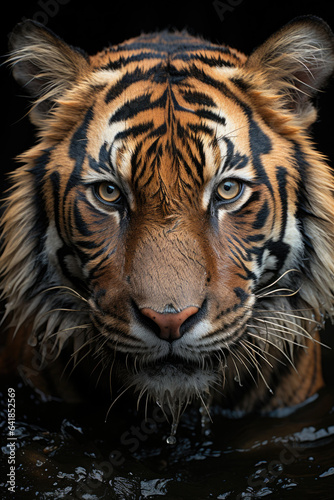 closeup of a tiger on black background  portrait photo.genearative ai