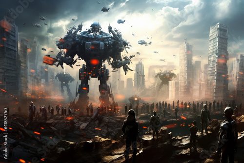 Action scene of a sci-fi mech standing on the ruins of the city in an attacking pose with an assault gun. Apocalypse concept.