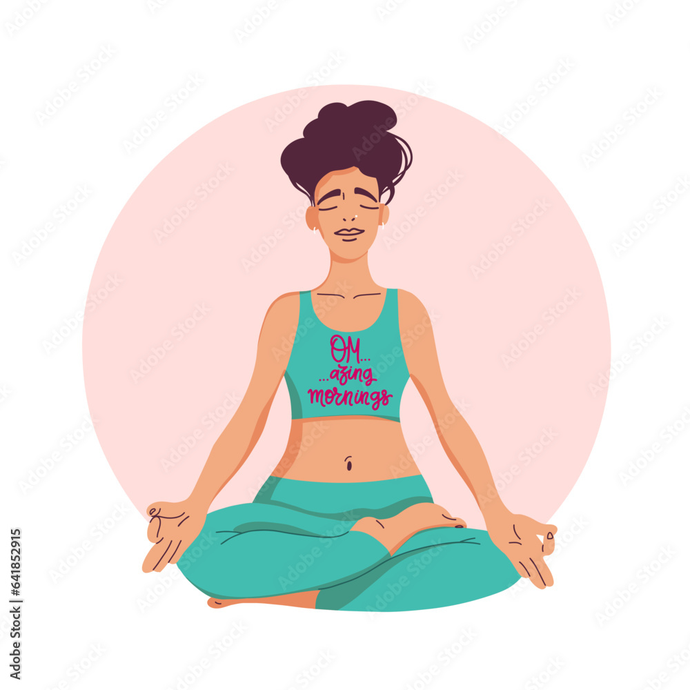 Young woman with a slogan om...mazing mornings sitting in yoga lotus pose isolated on the round background. Meditating girl illustration. Yoga woman, meditation, anti-stress people. Young woman with a slogan om...mazing mornings sitting in yoga lotus pose isolated on the round background. Meditating girl illustration. Yoga woman, meditation, anti-stress people.