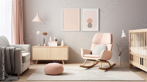 a modern children's room with light pastel tones, showcasing elements like furniture, decorations, and toys that reflect a sophisticated yet child-friendly design. © lililia