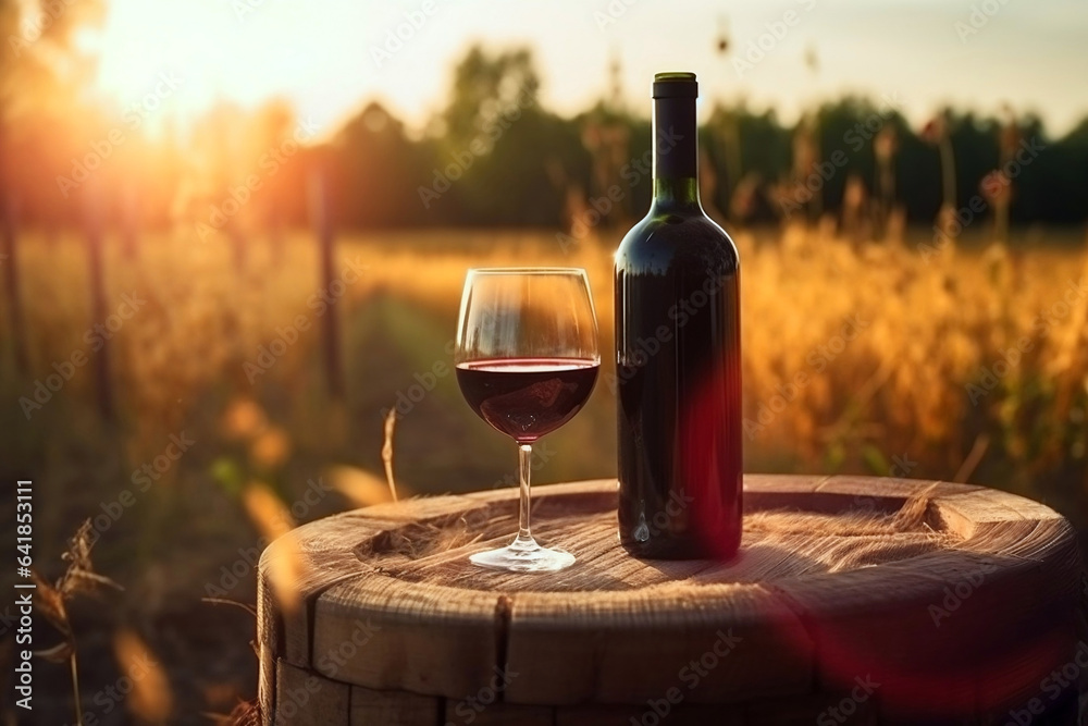 Grape production winemaking concept. Bottle and a glass of unique rich red wine on a wooden barrel in the vineyard during sunset or sunrise. Red wine tasting in outdoor winery restaurant travel tour.