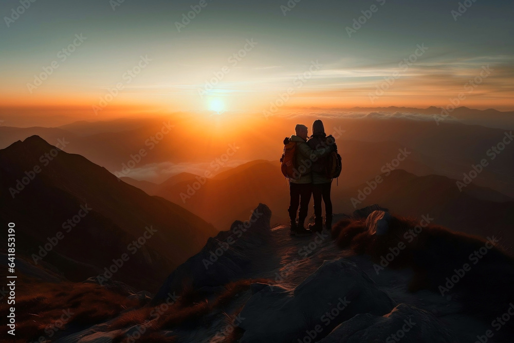 Romantic couple date hugging with backpack, standing at the summit of mountain chase looking at a beautiful stunning amazing view of foggy sunrise or sunset. Freedom nature adventures travel concept