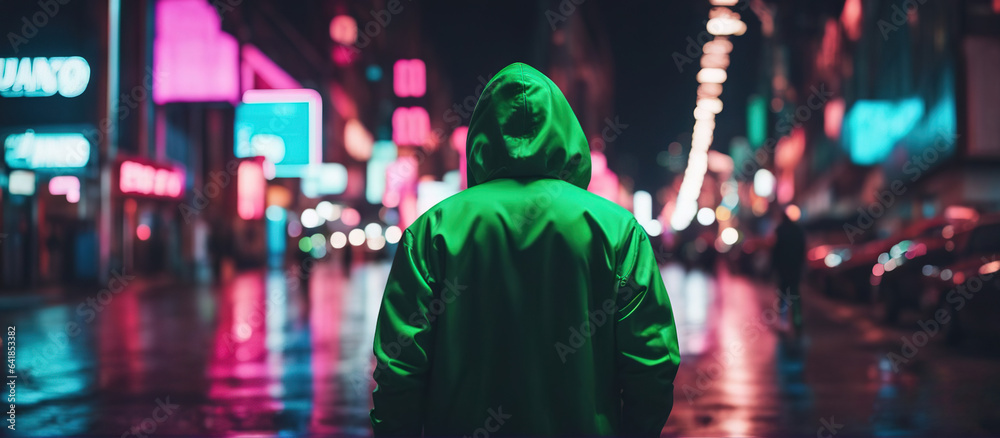 A man in a futuristic hooded jacket stands against a blurred cyberpunk city panorama background with bright neon lights.