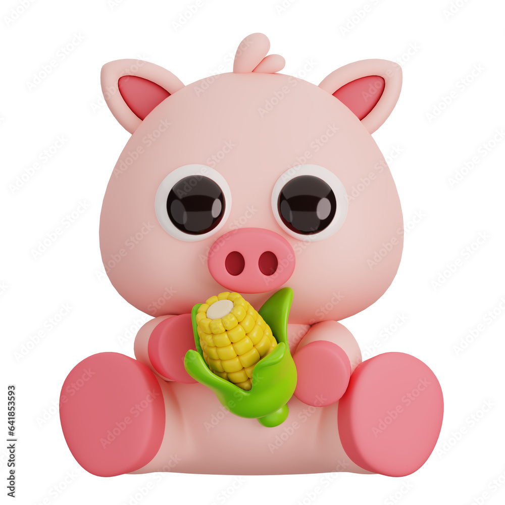 Cute Pig Holding Corn Isolated. Animals and Food Icon Cartoon Style Concept. 3D Render Illustration Cute Pig Holding Corn Isolated. Animals and Food Icon Cartoon Style Concept. 3D Render Illustration