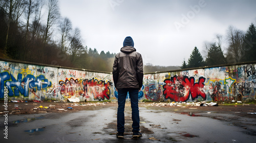 Rear view of a person walking away from derogatory graffiti on a wall. photo