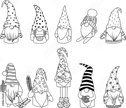 Set of vector scandinavian forest gnomes, Christmas winter gnomes clipart, isolated vector illustration
