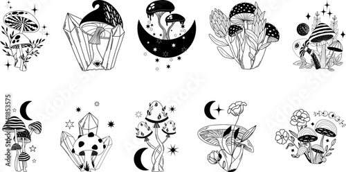 Mystical boho mushrooms vector set, magic fantasy mushroom with moon, stars and crystals, witchcraft symbol, witchy esoteric objects, mystical floral elements