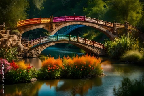 A rainbow-colored bridge stretches gracefully across a pristine river, leading to a mythical land of happiness and wonder - AI Generative