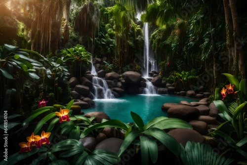 a tropical paradise garden with palm trees  vibrant orchids  and a cascading waterfall. Capture the essence of a luxurious tropical retreat - AI Generative