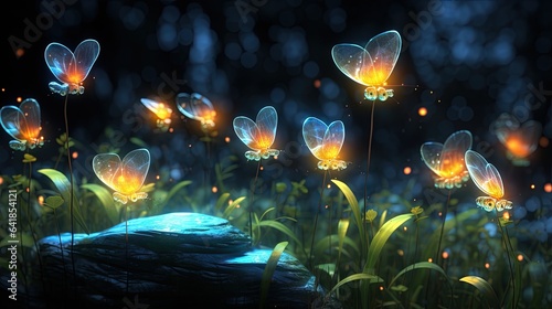  a bunch of butterflies flying over a lush green field of flowers.  generative ai © Anna