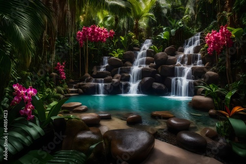 a tropical paradise garden with palm trees, vibrant orchids, and a cascading waterfall. Capture the essence of a luxurious tropical retreat - AI Generative