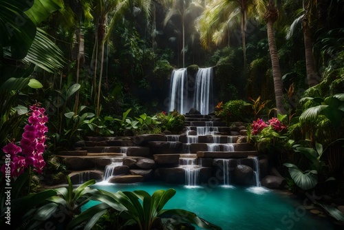 a tropical paradise garden with palm trees, vibrant orchids, and a cascading waterfall. Capture the essence of a luxurious tropical retreat - AI Generative © Being Imaginative