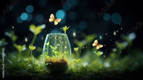  a glass vase filled with grass and butterflies flying around it.  generative ai