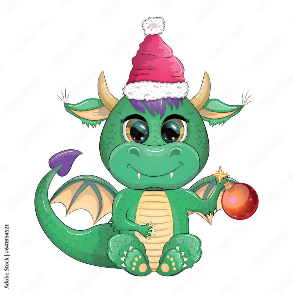 Fototapeta premium Cute cartoon green dragon in santa hat. 2024 new year, chinese calendar