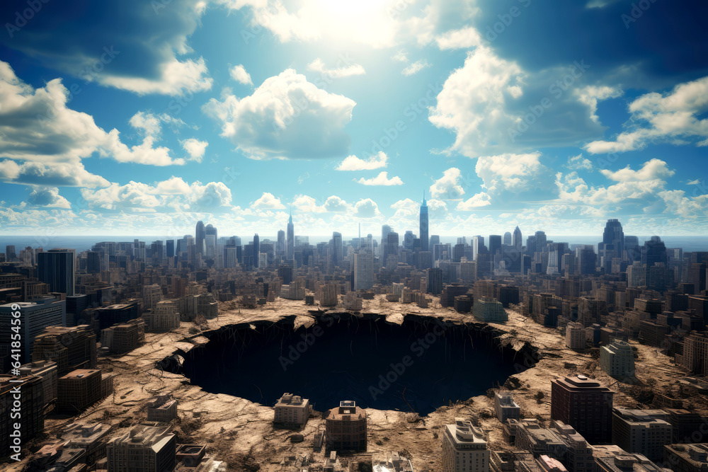a huge crater hole in the center of a city skyline. blue sunny sky. - obrazy, fototapety, plakaty 