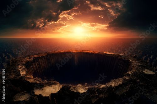 a gigantic deep crater opening in the center of a alien skyline city. futuristic sunset storm sky. 