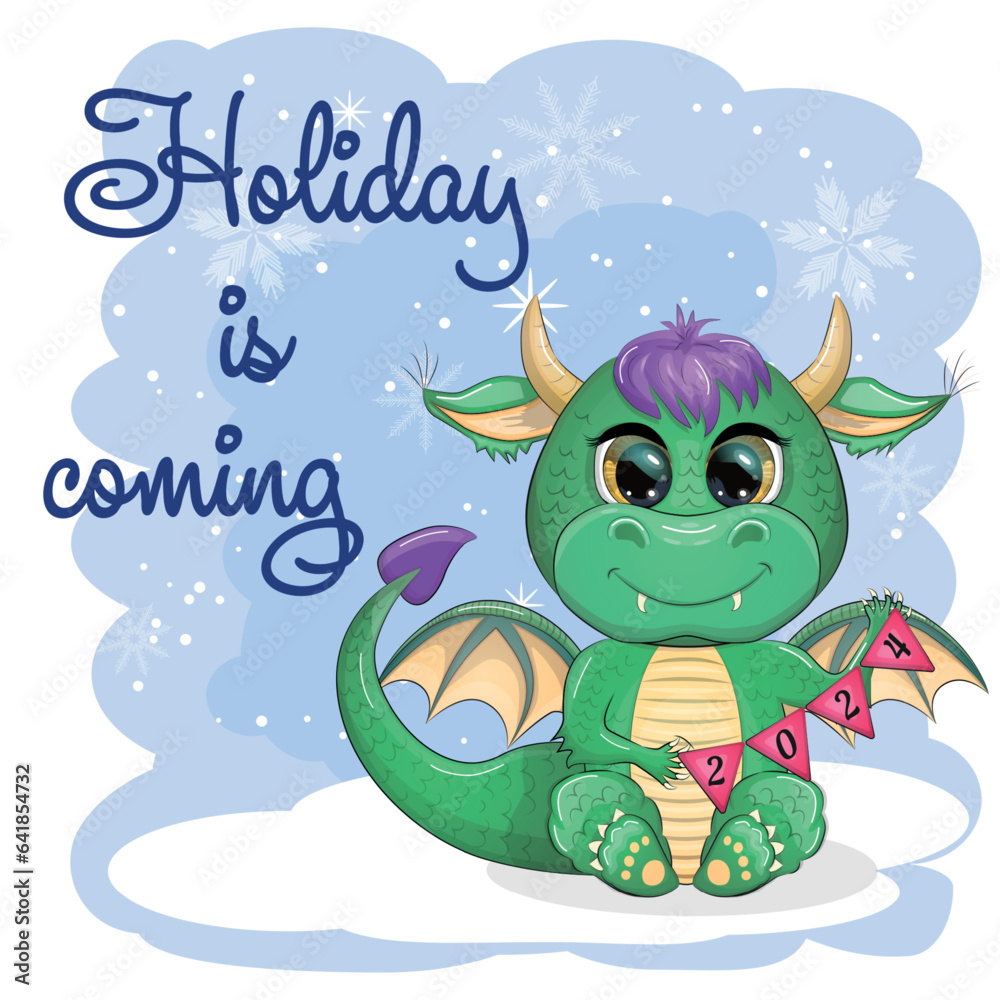 Fototapeta premium Cute cartoon green dragon in santa hat. 2024 new year, chinese calendar