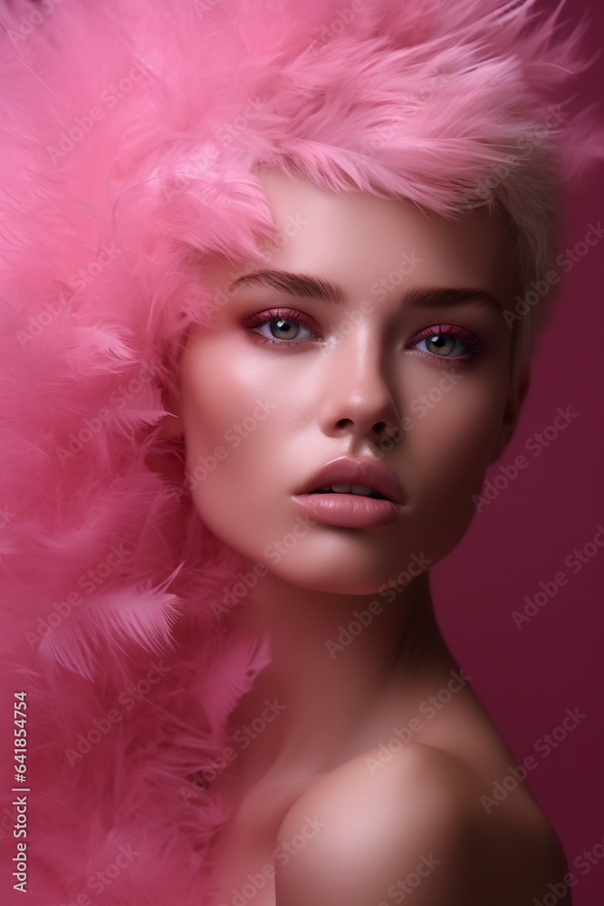 Close up fashion studio photo of an elegant woman in pink feathers Close up fashion studio photo of an elegant woman in pink feathers