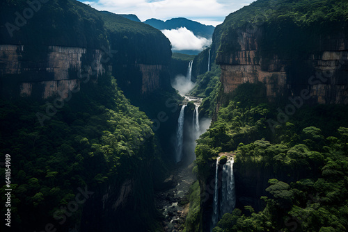 A Series of Waterfalls Cascade Down from the Mountains Into the Rainforest Below