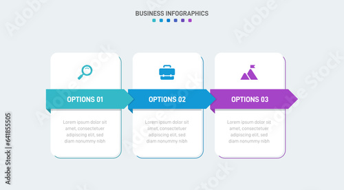 Timeline infographic with infochart. Modern presentation template with 3 spets for business process. Website template on white background for concept modern design. Horizontal layout.