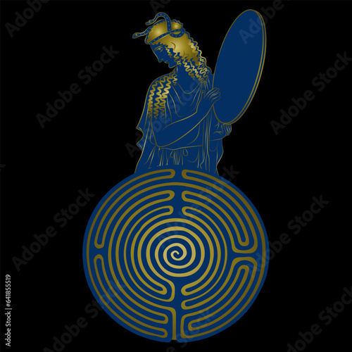 Ancient Greek woman holding tambourine with snakes in her hair and a round spiral maze or labyrinth symbol. Ariadne. Creative mythological design. Blue and gold silhouette on black background.