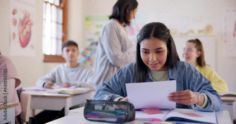 High school, teacher and happy girl with test results, education success and smile for classroom learning achievement. Academy, elementary class and person giving students paper, notes or exam pass High school, teacher and happy girl with test results, education success and smile for classroom learning achievement. Academy, elementary class and person giving students paper, notes or exam pass