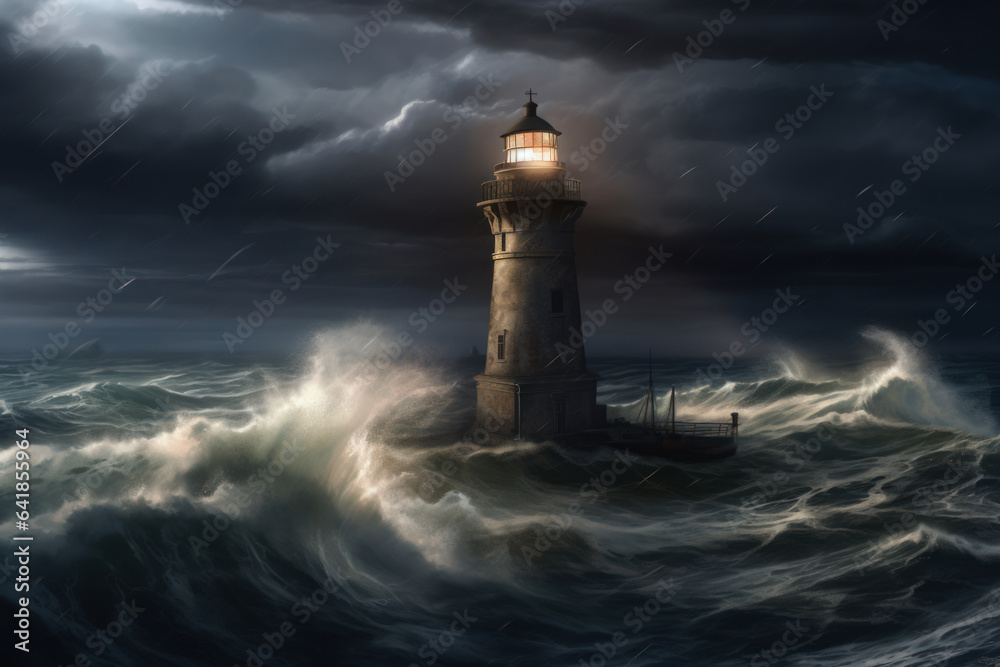 White Lighthouse in the middle of the ocean, big waves and storm around the lighthouse, dark clouds, lighthouse sunken by ocean and sea. Painting, concept art, cinematic light, illustration