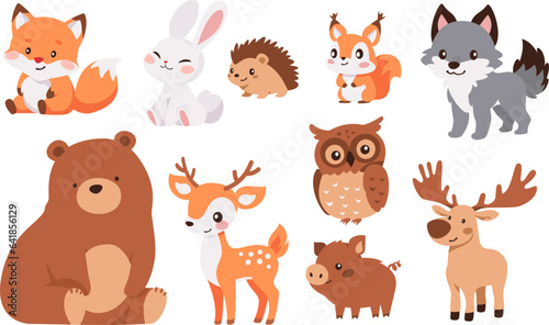 Photographie Collection of flat vector illustration with forest animals on white background