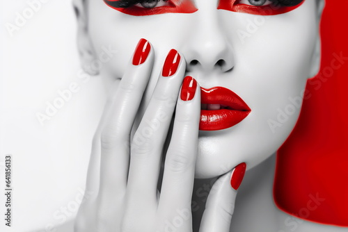 Beautiful woman with vivid red makeup. Fashion model. Red color palette