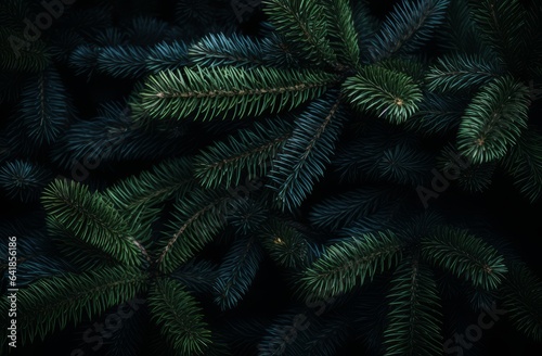 Beautiful Christmas Background with green pine tree brunch close up. Copy space, trendy moody dark toned design for seasonal quotes. Vintage December wallpaper. Natural winter holiday forest backdrop