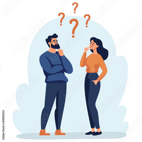 Flat vector illustration. A woman and a man are discussing issues, thinking about making a decision, coming up with an idea. Concept of joint idea . Vector illustration © Alena
