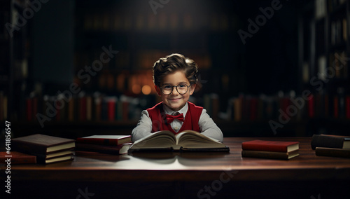 Perfect boy in glasses sits at a table with a book, learning concept. AI Generated. photo