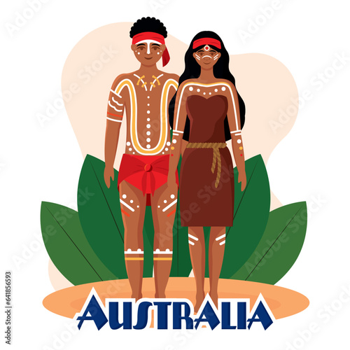 Isolated native couple australian characters with traditional clothes Vector