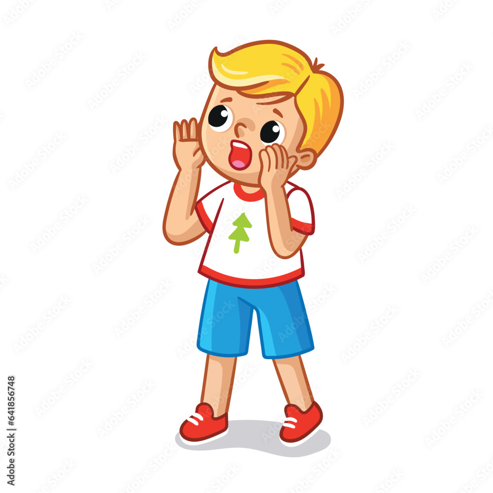 The boy stands on a white front and calls his lost sister. Vector illustration A game of hide. Echo. The boy stands on a white front and calls his lost sister. Vector illustration A game of hide. Echo.