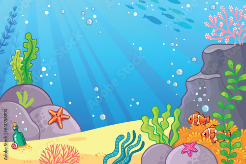 Cute marine life background. Vector illustration with Underwater landscape, fish, corals, starfish and rocks in cartoon style.