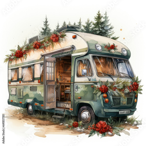 Watercolor Christmas caravan Illustration, Generative Ai