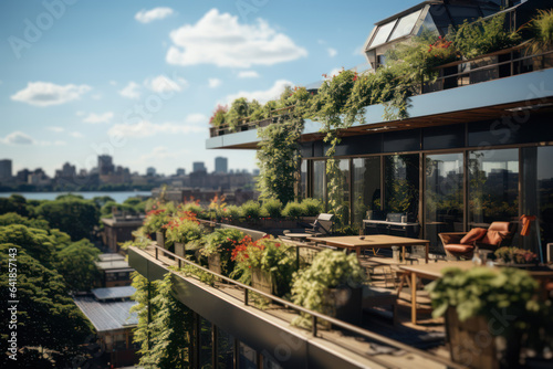 Green Building Innovations. Architectural design integrating vegetation on rooftops, showcasing sustainable construction practices for a climate-friendly future. Generative Ai.