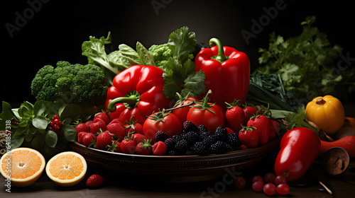 Red fruit and vegetable mix creative layout.