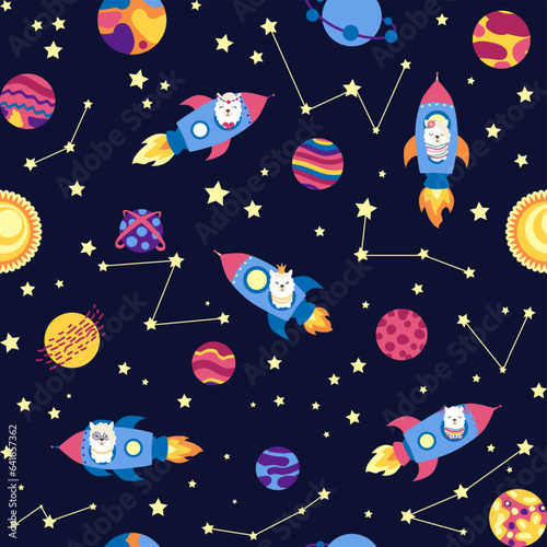 Seamless pattern with lama in a rocket, in space. Lama travels, adventures among the stars. Cute pattern with alpaca