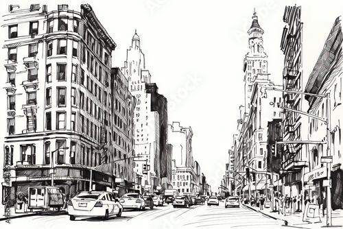 Urban Tapestry: Bustling Cityscape in Detailed Black and White Illustration