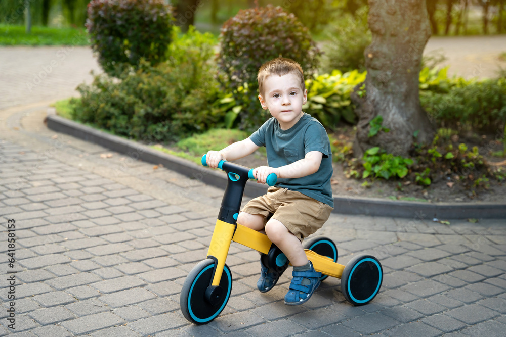 A cute toddler boy of two or three years old rides a bicycle or balance bike in a city park on a sunny summer day. Toddlerhood and childhood concept. Selective focus A cute toddler boy of two or three years old rides a bicycle or balance bike in a city park on a sunny summer day. Toddlerhood and childhood concept. Selective focus