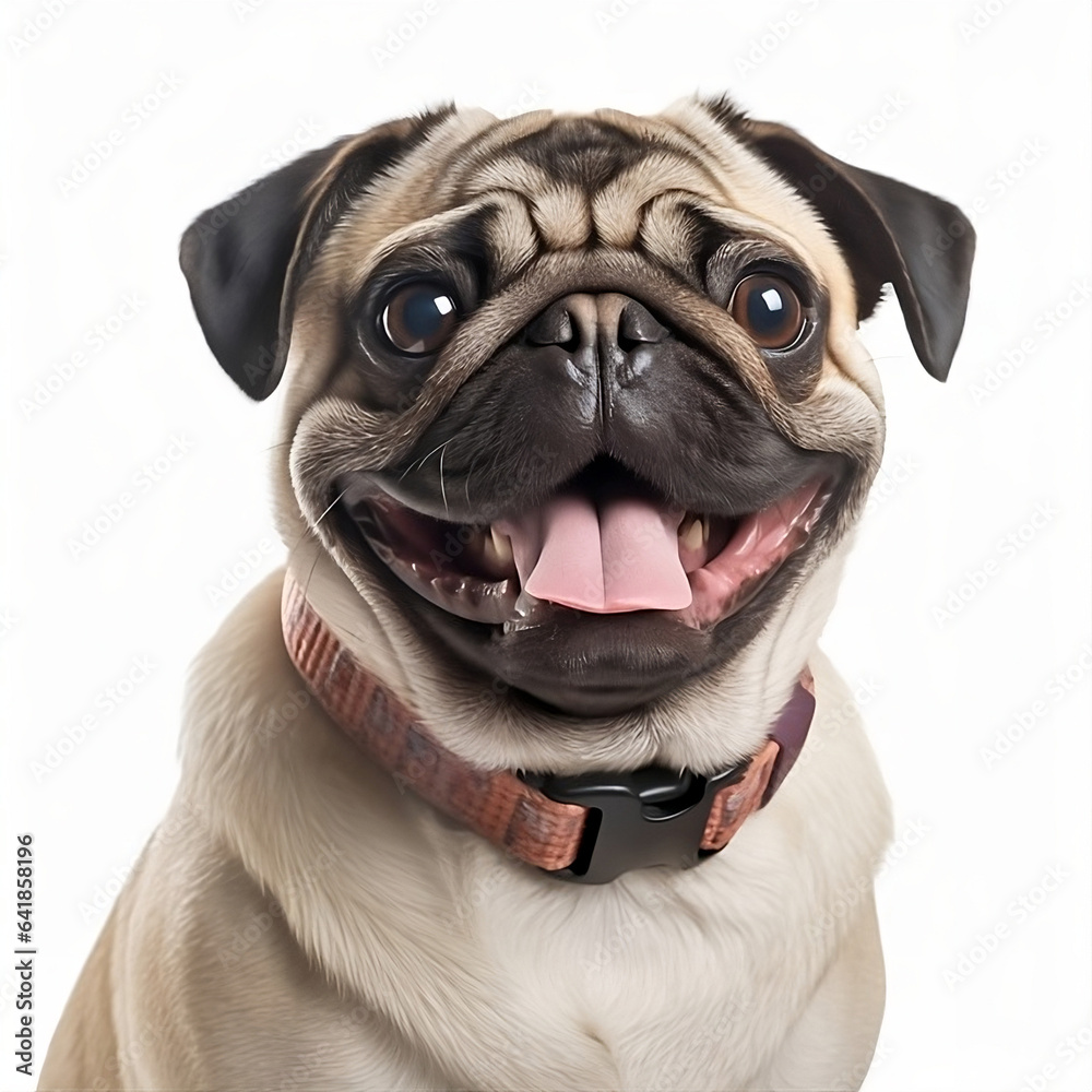 Portrait of smiling dog-pug on white background, pet. illustration created with generative AI technologies