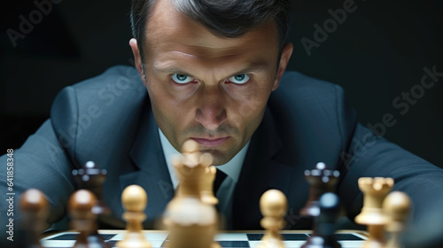 Businessman playing chess, looking severe and frowning. Generative AI photo