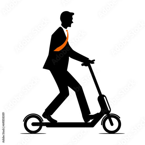 Silhouette of a businessman riding an electric scooter. His red tie flies in the wind.