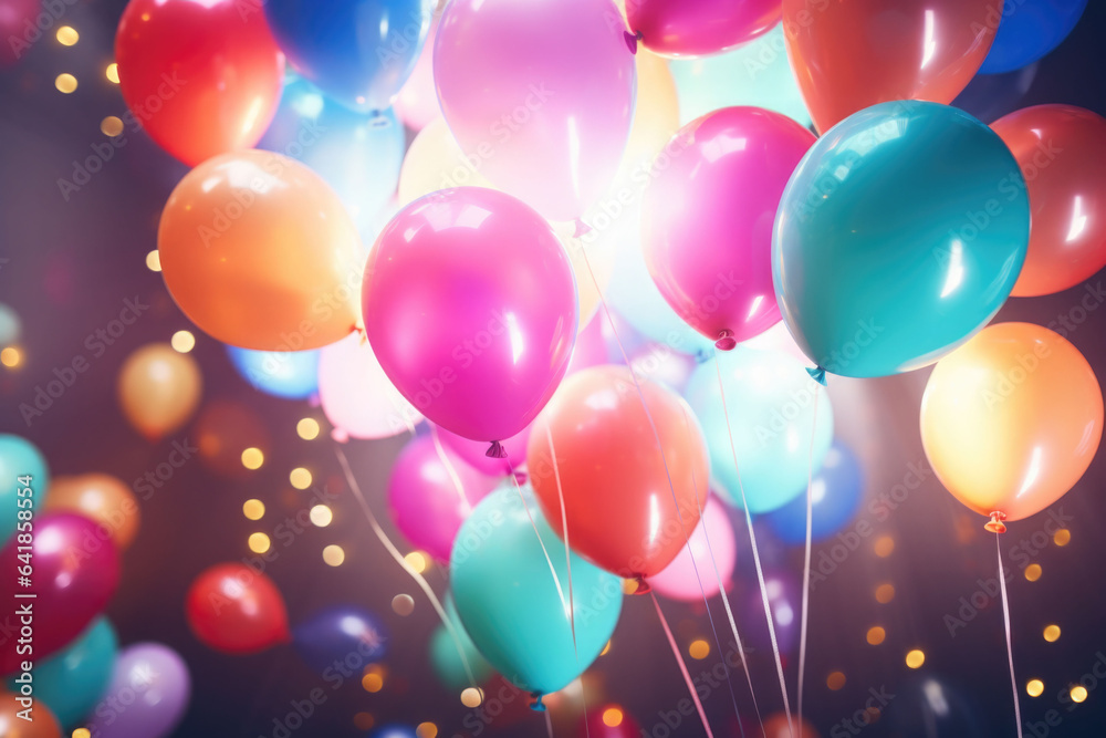 A bunch of colorful balloons with happy celebration party background. AI generated