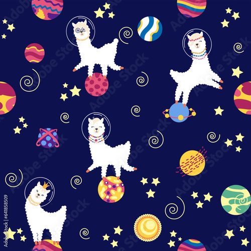Seamless pattern with lama in a rocket, in space. Lama travels, adventures among the stars. Cute pattern with alpaca